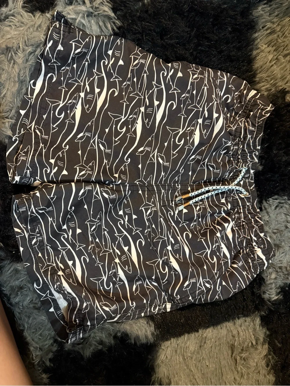 art class Black Swim Shorts with White Shark Outline Print